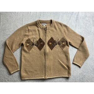 Croft & Barrow PS Women's Brown Argyle Bird Pinecone Embroidered Zip Up Cardigan